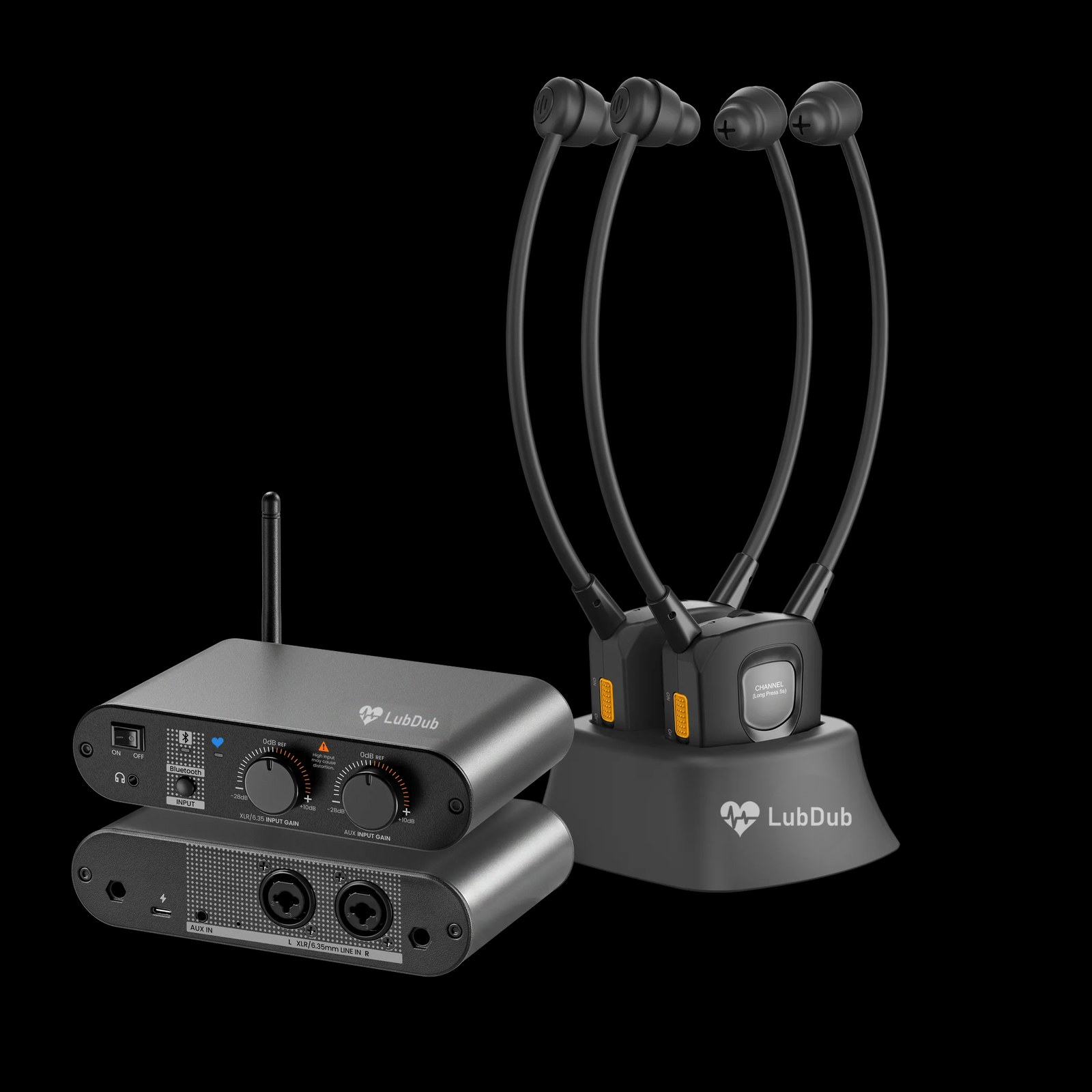 LubDub Transmitter in front of two LubDub headsets in their charging dock