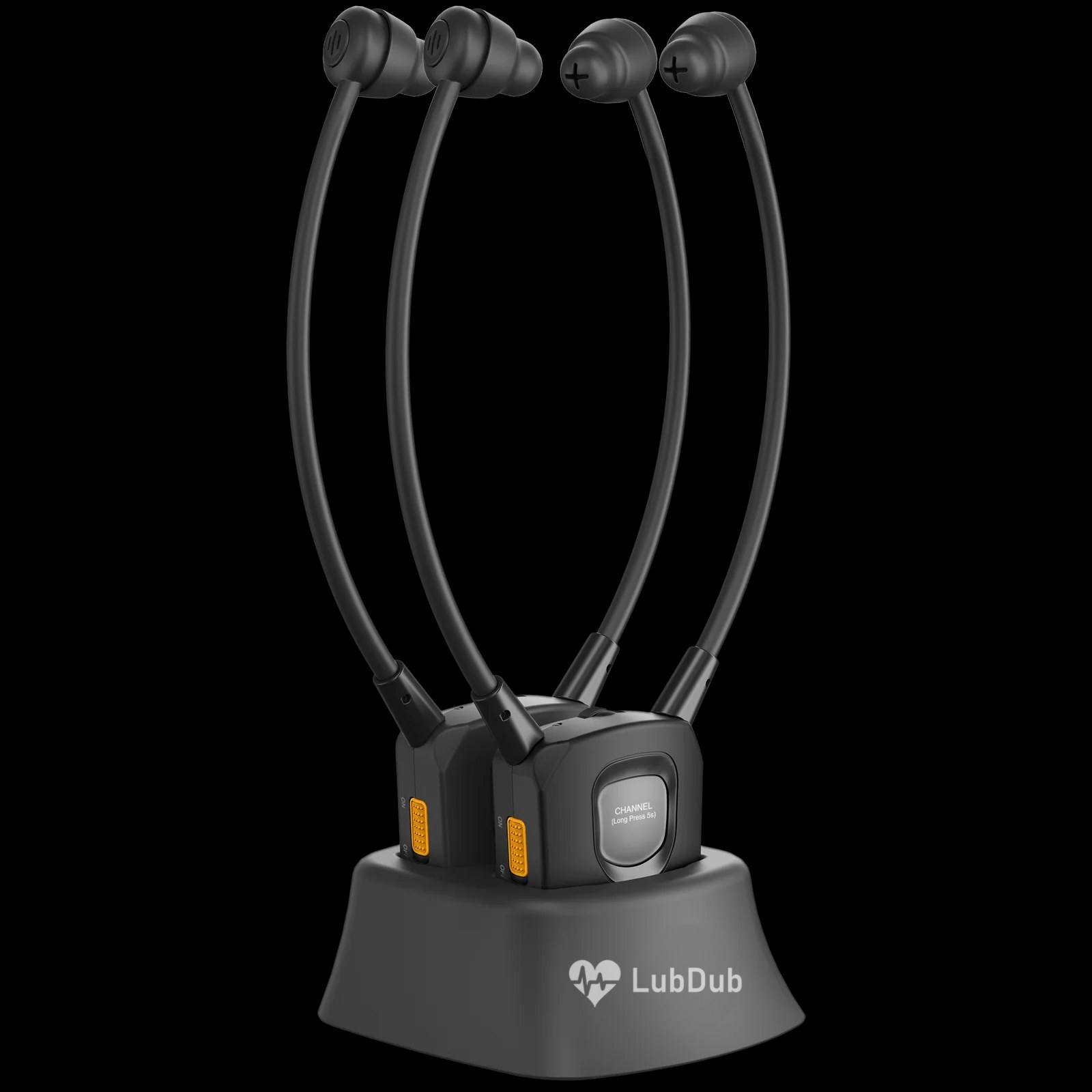 Two LubDub under-chin headsets standing in their charging dock, LubDub logo printed on the dock